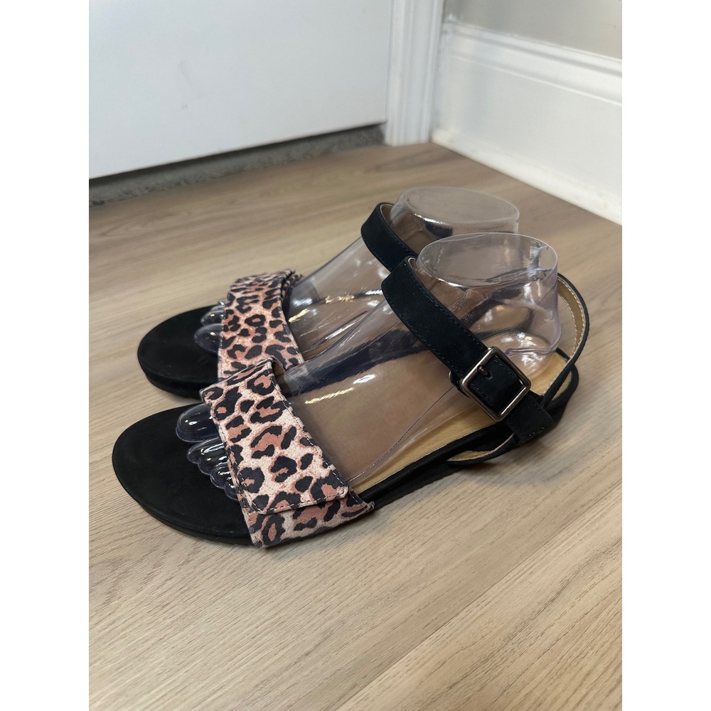 ABEO Britta Leopard Print Leather Ankle Strap Sandals Black Tan 9.5N ADBW53485